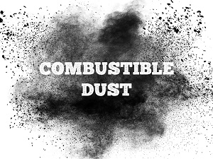 Black dust cloud on a white background that says Combustible Dust in white letters.