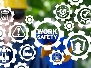 A graphic with gears, safety icons, and the words, "Work Safety."