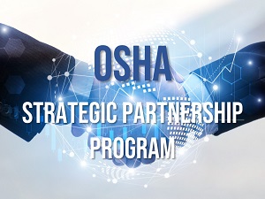 A stylized image of two people shaking hands with the title of OSHA Strategic Partnership Program on top of the image.
