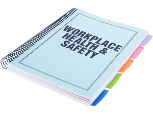 A spiral-bound book with the title Workplace Health and Safety.