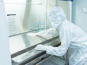 Lab worker cleaning a biosafety cabinet.