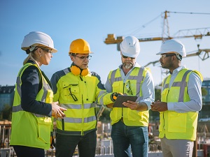 Four workers at a construction site wearing PPE.