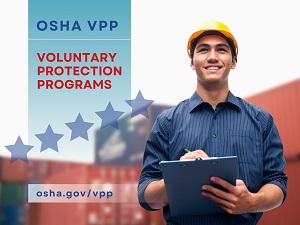 OSHA VPP banner with smiling worker.