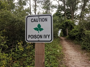 A sign on a hiking trail that says Caution Poison Ivy.