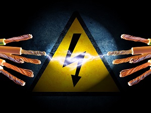 Graphic representation of electrical shock with warning sign and exposed wires.