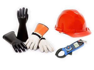 Electrical safety equipment including gloves and a hardhat.
