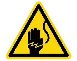 The universal symbol for electrical hazards in a yellow triangle.