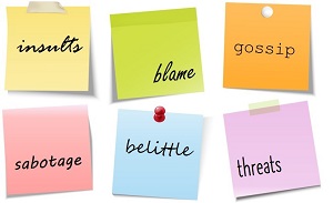 Post-it notes with words on them like insults, blame and gossip.