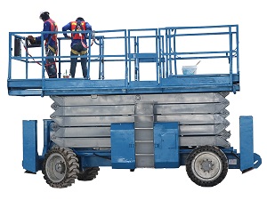 Two Workers in a Lowered Scissor Lift Wearing Fall Protection