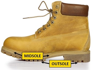 A work boot with the midsole and outsole indicated.