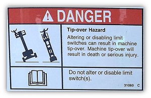 Danger Sticker on Scissor Lift Warning of Tip-over Hazard