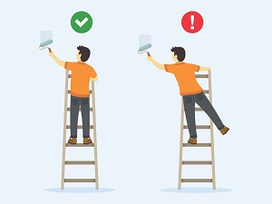 A graphic that demonstrates how you should not overreach while on a step ladder.