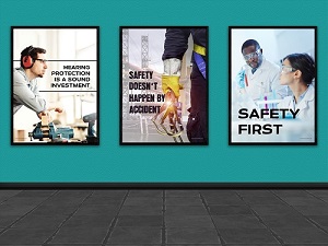 Three Framed Safety Posters Hanging on a Turquoise Wall
