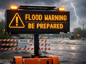 Electronic roadside sign displaying a flood warning with barricades and flooded roadway in the background.