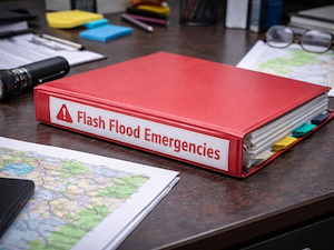 Red binder labeled “Flash Flood Emergencies” on a desk, representing emergency planning and preparedness documents.