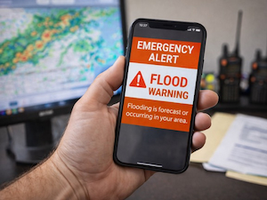 Hand holding a smartphone displaying a flood warning alert with weather radar visible on a computer screen behind it.