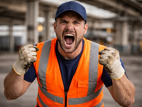 Angry worker in a high-visibility vest yelling with clenched fists inside an industrial workplace.
