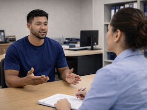 Employee speaking calmly with a human resources representative during a workplace discussion in an office.