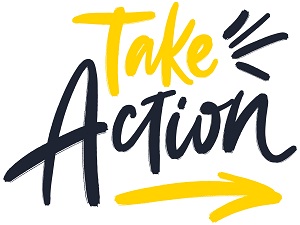 A yellow and black graphic that says Take Action.