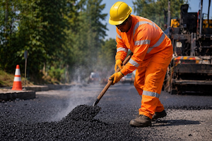 Construction worker in high-visibility clothing shoveling hot asphalt during road paving operations.