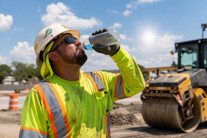 Construction worker wearing PPE drinking water on a hot jobsite near asphalt paving equipment.