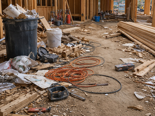 Messy construction site with scattered debris, cords, tools, and materials creating multiple trip hazards along a dirt walkway.