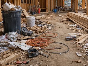 Messy construction site with scattered debris, cords, tools, and materials creating multiple trip hazards along a dirt walkway.