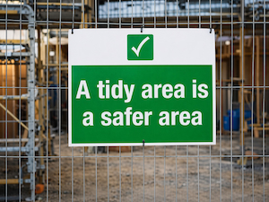 Safety sign on construction fence reading “A tidy area is a safer area” promoting proper housekeeping practices.