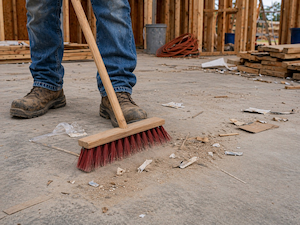 Worker sweeping dust and small debris from a construction floor while wearing jeans and steel-toed boots.