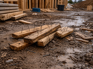 Pile of scrap wood with protruding nails on a muddy construction site, creating a puncture and trip hazard.