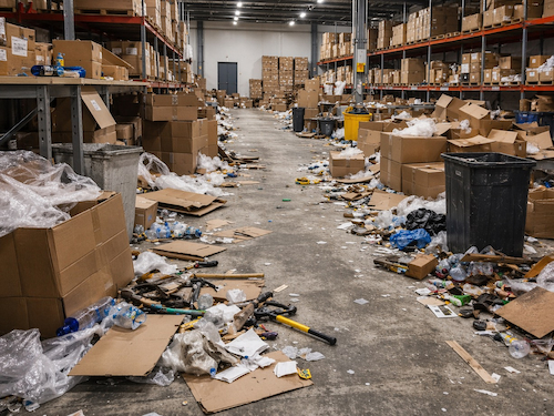 Cluttered warehouse aisle with boxes, trash, and tools scattered on the floor creating trip and housekeeping hazards.