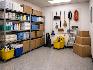 Clean and organized storage room with labeled shelves, cleaning supplies, and tools properly stored
