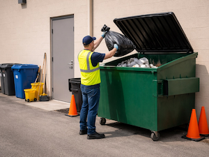 Worker disposing of trash into a dumpster in a clean outdoor workplace area with proper waste management.