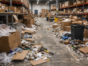Cluttered warehouse aisle with boxes, trash, and tools scattered on the floor creating trip and housekeeping hazards.