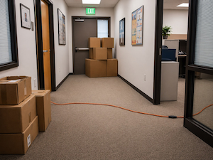 Office hallway with boxes blocking an exit door and an extension cord across the floor creating safety hazards.