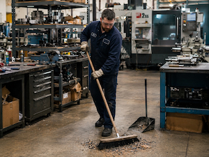 Industrial worker sweeping debris from a shop floor to maintain a clean and safe work environment.