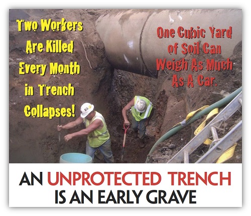 OSHA Poster, Two Workers are Killed Every Month in Trench Collapses!, One Cubic Yard of Soil Can Weigh as Much as a Car. An Unprotected Trench is an Early Grave.