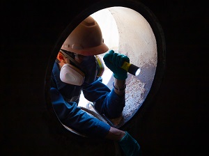 A worker wearing a respirator looking into a dark confined space area with a flashlight.