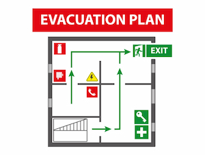 Illustrated evacuation plan showing a floor layout with arrows pointing to exits, and icons for emergency equipment such as fire extinguisher, phone, and first aid.