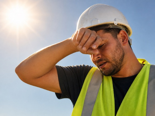 Worker wiping sweat from face under a bright sun while wearing a hard hat and high-visibility safety vest.