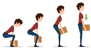 Graphic that shows the correct way to lift a box by bending at the knees.