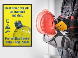 Heat stress prevention poster beside worker holding a hard hat and safety glasses promoting water, rest, and shade.