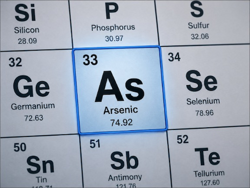 Periodic table tile for arsenic showing the atomic number 33, symbol As, name Arsenic, and atomic weight 74.92.