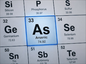 Periodic table tile for arsenic showing the atomic number 33, symbol As, name Arsenic, and atomic weight 74.92.