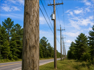 Weathered wooden utility poles along a roadside, showing that treated wood cannot always be identified by appearance.