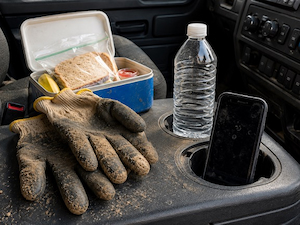 Dirty work gloves placed near a lunch box, water bottle, and phone, showing how contaminated dust can spread to personal items.