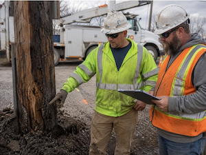 Two utility workers inspect damaged treated wood and dusty residue near a utility pole at a worksite.