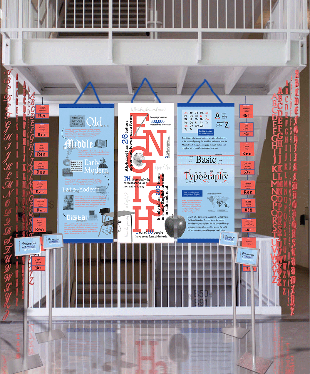 The Evolution of English Typography Exhibition with banners, iPads, and hanging alphabets