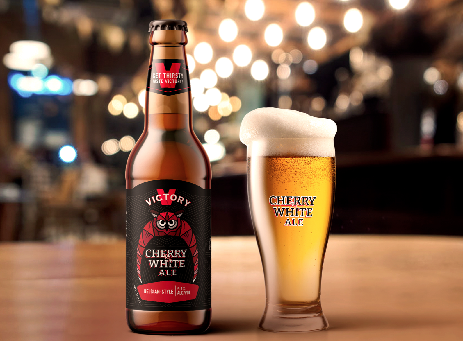 Cherry & White Ale bottle packaging in a restaurant
