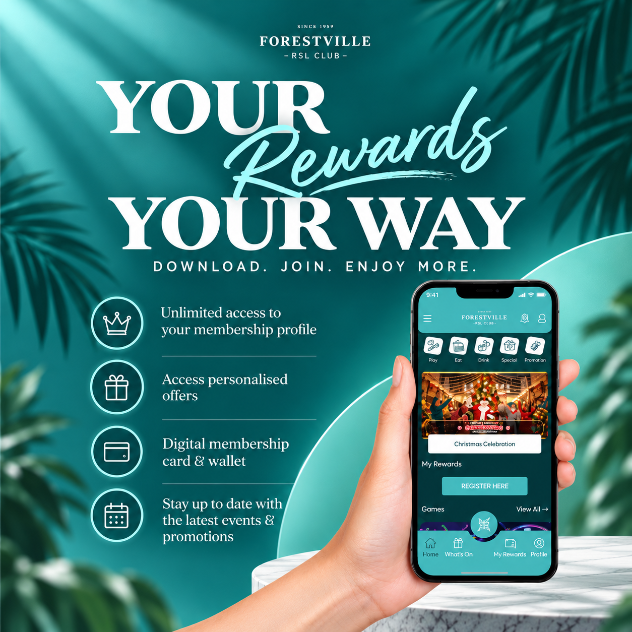 Download and register in the new Forestville RSL Club app for your rewards - your way! 
